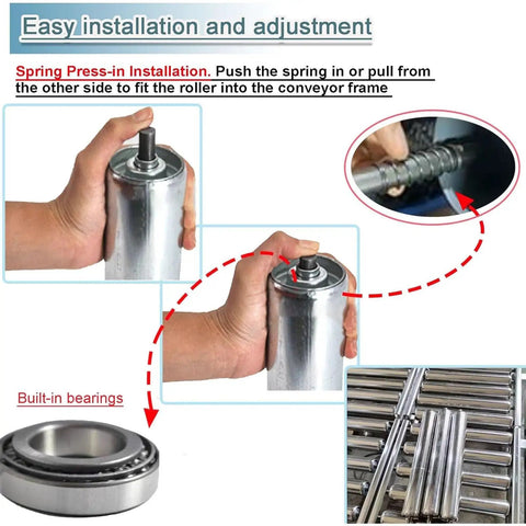 Easy installation process for Smooth Glide 2 Inch Galvanized Steel Conveyor Rollers Heavy Duty Roller Set with built-in bearings.