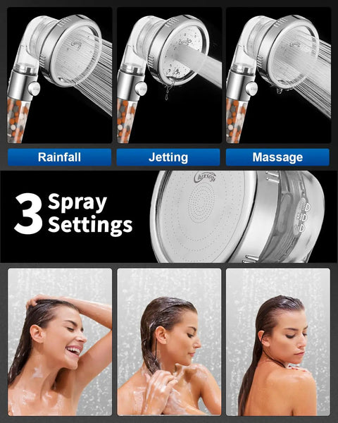High Pressure Shower Head With Filter For Hard Water, 4 Modes, showing rainfall, jetting, massage spray settings