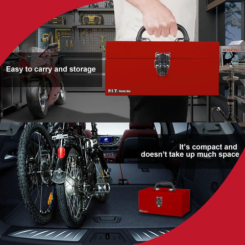 No Cap Heavy Duty Metal Tool Box With Secure Latch Lock, Portable 12 Inch Steel Storage Case For Job Sites And Backyard Builds, Durable Powder Coated Shell In Bold Red, shown hand-held and in car trunk.