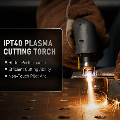 55 Amp Plasma Cutter With Non High Frequency Start Large LED Digital Display Non Touch Pilot Arc Digital DC Inverter Dual Voltage 110 220V CUT 55DS Pro Portable Metal Cutting Machine shown in use with sparks.