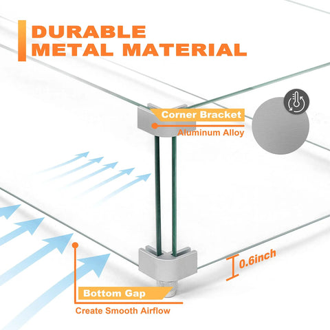 Rectangular Fire Pit Wind Guard For 52 Inch Tables, 27.6 X 11.7 X 6.5 Inches, Transparent Tempered Glass with aluminum bracket detail
