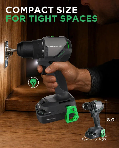 20V Brushless Cordless Drill Driver With 2.0Ah Battery featuring compact size for tight spaces, ideal for detailed tasks.