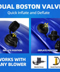 Close-up of dual Boston valve on blue 4x4 Ft Pool Pillow For Above Ground Pools Winterizing Kit With 50 Ft Rope Built Tough Extra Durable 0.4mm PVC Cold Resistant Air Pillow To Protect Walls And Keep Center Clear Of Ice Snow Leaves During Winter, showing inflate and deflate positions with pump options.