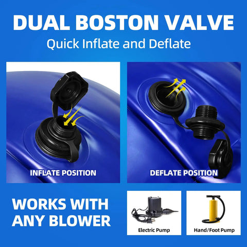 Close-up of dual Boston valve on blue 4x4 Ft Pool Pillow For Above Ground Pools Winterizing Kit With 50 Ft Rope Built Tough Extra Durable 0.4mm PVC Cold Resistant Air Pillow To Protect Walls And Keep Center Clear Of Ice Snow Leaves During Winter, showing inflate and deflate positions with pump options.