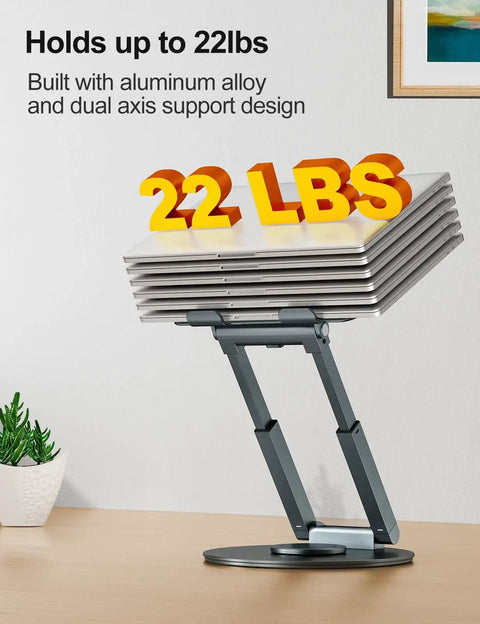 Telescopic Laptop Stand For Desk With 360 Degree Swivel Base Sit To Stand Height Adjustable Portable Riser holding stack of laptops
