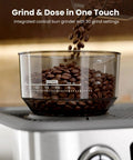 Professional Dual Boiler Espresso Machine With Integrated Grinder And Auto Milk Steamer Delivering Real Deal 20 Bar Pressure For Your Ultimate Daily Grind Setup with conical burr grinder and coffee beans.