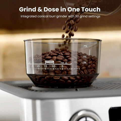 Professional Dual Boiler Espresso Machine With Integrated Grinder And Auto Milk Steamer Delivering Real Deal 20 Bar Pressure For Your Ultimate Daily Grind Setup with conical burr grinder and coffee beans.