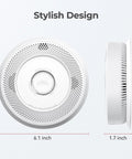 Hardwired Smoke And Carbon Monoxide Alarm With Battery Backup Smart Dual Sensor Guard showing stylish design, 6.1 inch diameter, 1.7 inch height.