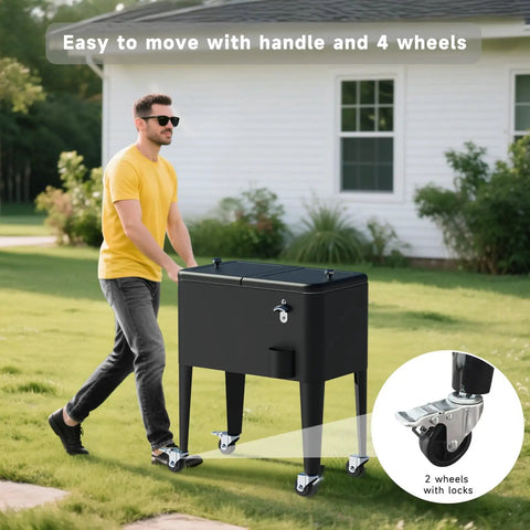 Man pushing black 60 Quart Rolling Patio Cooler Cart With Bottle Opener Cap Catcher And Drain Large Beverage Trolley for Patio Parties Beach Bbq Poolside. Features include handle and 4 wheels.