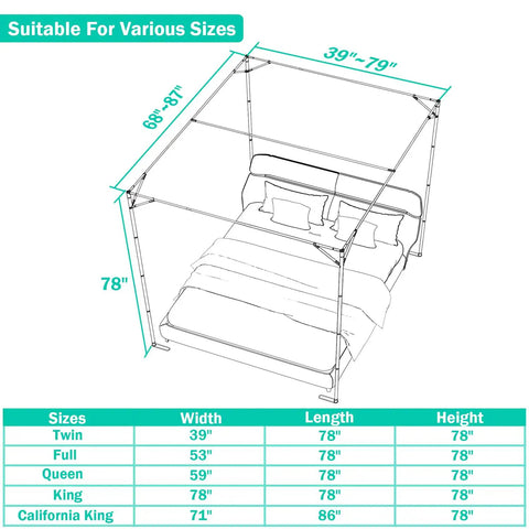 Adjustable Stainless Steel Canopy Bed Frame Fits Twin Full Queen King Sizes dimensions illustration with size options.