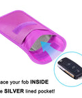 Purple RFID Key Fob Protector And Faraday Bag For Car Key Signal Blocking Anti Hack Anti Theft Pouch With Silver Lined Pocket 2 Pocket Design Shields Signals From 10 MHz To 3 GHz showing open pocket with car key illustration