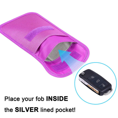 Purple RFID Key Fob Protector And Faraday Bag For Car Key Signal Blocking Anti Hack Anti Theft Pouch With Silver Lined Pocket 2 Pocket Design Shields Signals From 10 MHz To 3 GHz showing open pocket with car key illustration