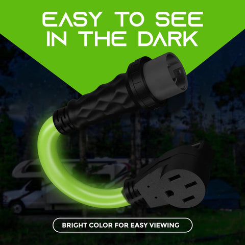 Heavy Duty 50 Amp RV Shore Power Adapter Cord glowing in dark, showcasing 4 Prong Twist Lock NEMA SS2 50P To 14 50R connection with RV background.