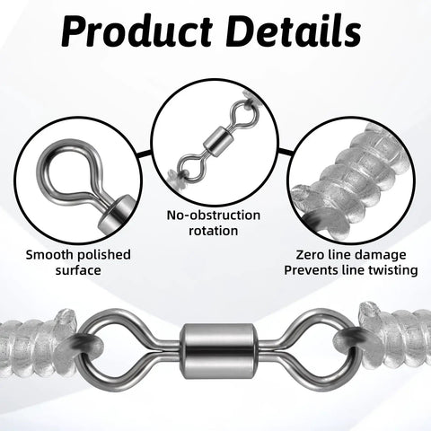 100 Pcs Micro Swivels for Fly Fishing Stainless Steel Small Rolling Barrel Swivels High Strength Hook Line Connector Tackle Gear with Black Coating Pro Grade Fishing Accessories, polished micro swivel close-up