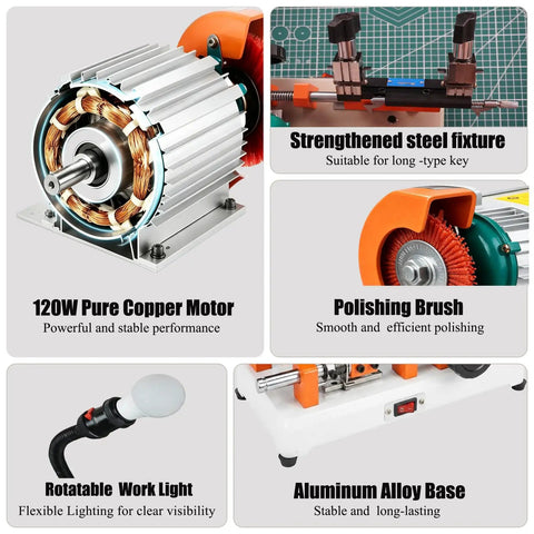 Key Cutting Machine Duplicator For Precise Manual Key Copying with components; motor, steel fixture, brush, light, base