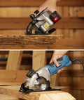 G LAXIA mini circular saw with blue body and laser guide, cutting wood (two-angle views).