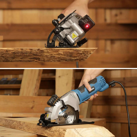 G LAXIA mini circular saw with blue body and laser guide, cutting wood (two-angle views).
