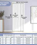 Bi-fold door size chart with dimensions for 24 In By 80 In Bi Fold Door With 6 Panel Primed Hollow Core Interior Doors And Hardware Kit.