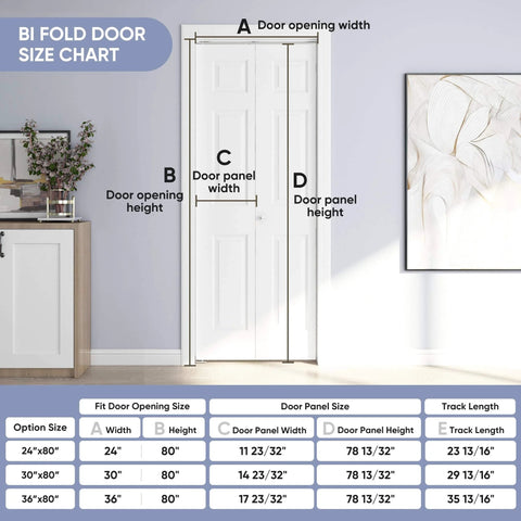 Bi-fold door size chart with dimensions for 24 In By 80 In Bi Fold Door With 6 Panel Primed Hollow Core Interior Doors And Hardware Kit.
