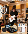 Guitarist using Palm Sized 10W Electric Guitar Amp And Multi Effects Pedal With Footswitch, 14 Amp Models, 3 Band EQ, Bluetooth Practice