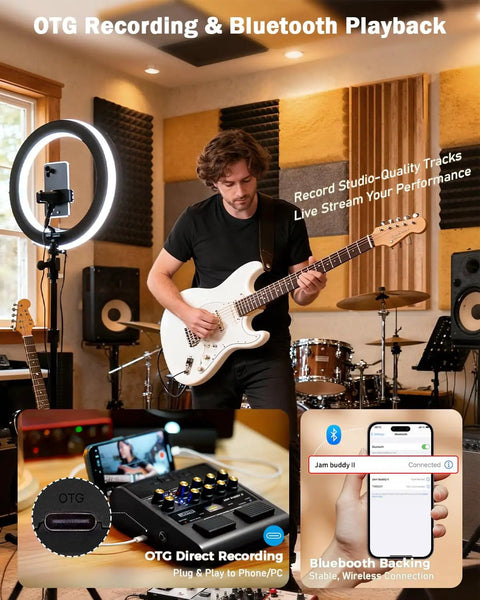 Guitarist using Palm Sized 10W Electric Guitar Amp And Multi Effects Pedal With Footswitch, 14 Amp Models, 3 Band EQ, Bluetooth Practice