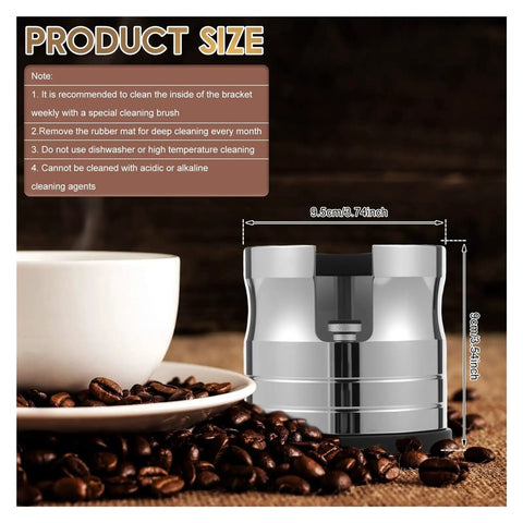 Stainless Steel 58mm Espresso Tamping Station And Portafilter Stand For Home Brewers With Adjustable Height Base and Non Slip Grip showcasing size details.