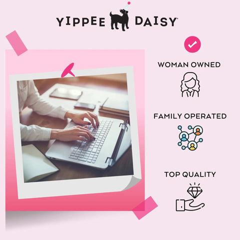 Yippee Daisy branding with photo of person typing on laptop, highlighting woman-owned, family-operated, and top quality values.