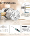 Privacy Glass Door Knob For Bedroom And Bathroom With Lock In Dope Satin Nickel Finish, Diamond Clear Crystal Knob On Victorian Plate Rosette, Vintage Interior Door Hardware To Elevate Any Door, showing components and installation guide.