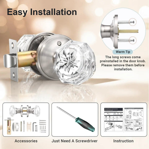 Privacy Glass Door Knob For Bedroom And Bathroom With Lock In Dope Satin Nickel Finish, Diamond Clear Crystal Knob On Victorian Plate Rosette, Vintage Interior Door Hardware To Elevate Any Door, showing components and installation guide.