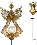 Angel Stake Solar Lights With Crackle Glass Globe Waterproof Warm White LEDs, 40.5 Inch Metal Bronze Garden Stake