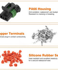 Linkstyle 10 Sets of Heavy Duty Weather Pack Connectors For 14 To 12 AWG Wires Featuring Waterproof Housings Male And Female Plugs With Copper Terminals Perfect For Automotive Repairs And Quick Wire Splice Jobs That Stick Without Fail. Waterproof PA66 housing, copper terminals, silicone seals