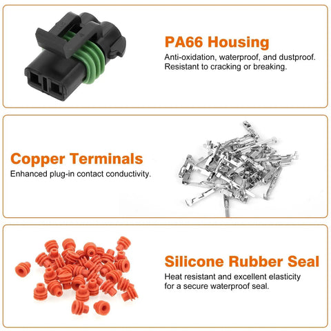 Linkstyle 10 Sets of Heavy Duty Weather Pack Connectors For 14 To 12 AWG Wires Featuring Waterproof Housings Male And Female Plugs With Copper Terminals Perfect For Automotive Repairs And Quick Wire Splice Jobs That Stick Without Fail. Waterproof PA66 housing, copper terminals, silicone seals