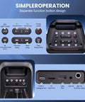 Close-up of karaoke party Bluetooth speaker control panel with USB, AUX, TF card ports, and dual microphone inputs.