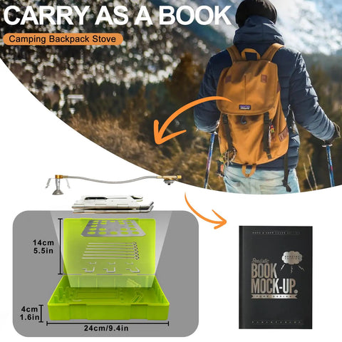 All Fuel Stainless Steel Camping Stove For Solo Campers Folding Backpacking Stove with dimensions and backpack setup