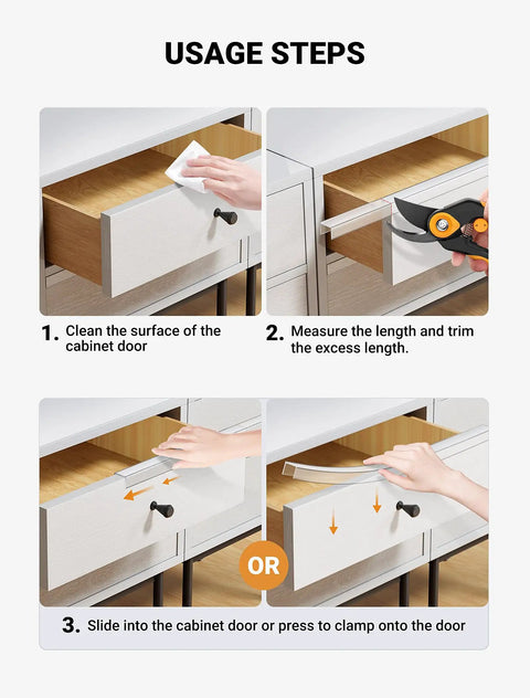 Usage steps for Clear Cabinet Door Edge Protectors 17.5 Inch PVC Furniture Guards 4 Pack installation process.