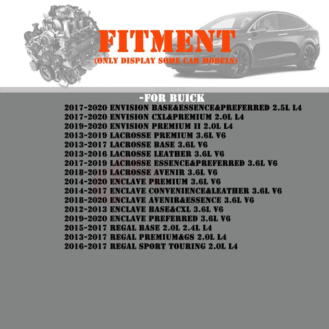 Fitment chart for Buick vehicles with Mass Air Flow Sensor MAF 23262343 Compatible With GM Cars Buick Enclave Envision Lacrosse Regal ATS CT6 Escalade SRX XT5 Camaro Caprice Yukon Replacement Sensor OEM Style.