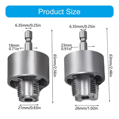 Heavy Duty Internal External Pipe Threader Die Set With Electric Drill Compatibility For 1/2 And 3/4 Inch Copper Stainless Steel Plumbing Jobs Fast Quick Threading Tool For Pros And DIYers product size dimensions.
