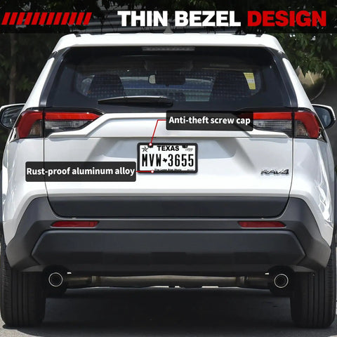 Two Pack Matte Black License Plate Frames With Two Holes, Rustproof Aluminum Plate Holder on SUV rear with anti-theft cap