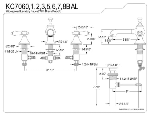 Technical diagram of Widespread Lavatory Faucet With Brass Pop Up No Drip Ceramic Disc, Polished Chrome Finish, 8 To 16 Inch Spread