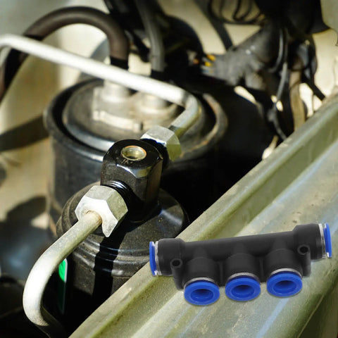 Top Notch 8 Piece Pneumatic Push To Connect Fittings Kit for Air Hose Quick Connectors Ideal For Industrial Automation With High Precision And Temp Resilience For Extreme Conditions black plastic air hose connector with blue ports in industrial machine