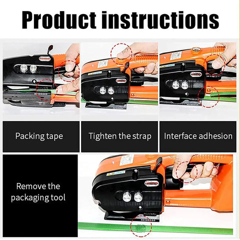 Portable Electric Strapping Machine For PP PET Steel Bands showing packing tape and strap tightening process in use.