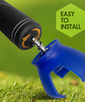 Close-up of blue 3-Prong Golf Ball Retriever Grabber With Back Saver Claw, Easy On Putter Grip Attachment on grass, easy to install
