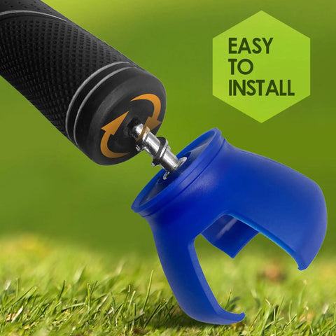 Close-up of blue 3-Prong Golf Ball Retriever Grabber With Back Saver Claw, Easy On Putter Grip Attachment on grass, easy to install