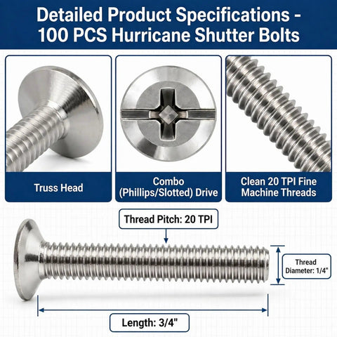 Hardcore Marine Grade 304 Stainless Steel Hurricane Shutter Fasteners 100 Piece Bulk Pack 1/4 Inch 20 X 3/4 In shows detailed features of screws.