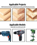 Concealed hinge jig drill guide set, SENECESLI 35mm; woodworking tools collage with wood blocks and drills.