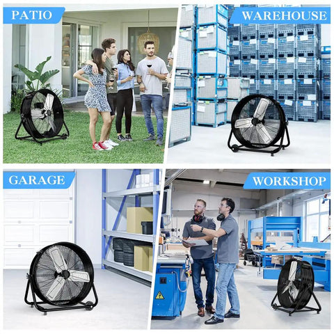24 Inch Industrial Drum Fan With High Velocity Airflow in warehouse, patio, garage, and workshop settings