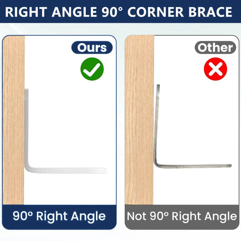 Comparison of Beefy Heavy Duty White Corner Braces for Wood Shelves L Brackets, showing 90-degree right angle difference.