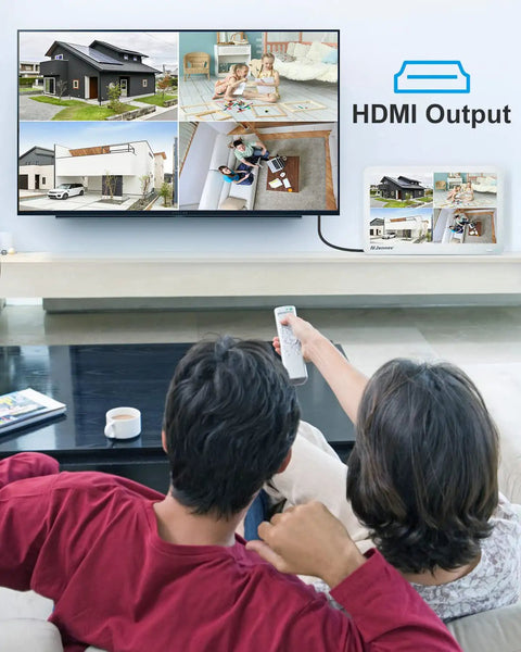 Couple viewing 4K 8 Channel POE NVR with 12 Inch Screen and Local HDMI Output for 8MP and 4K IP Cameras on TV screen.