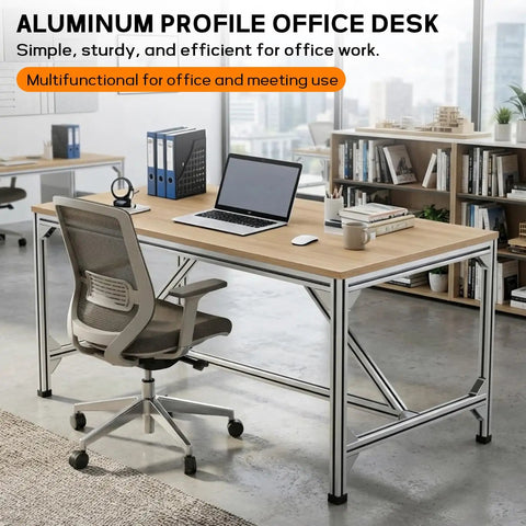 Badass Rock Solid Heavy Duty Aluminum Work Table With Thick Wood Top And Tough Utility Workbench For Garage Workshop Kitchen Prep And Commercial Packing Rack in modern office setup with laptop.
