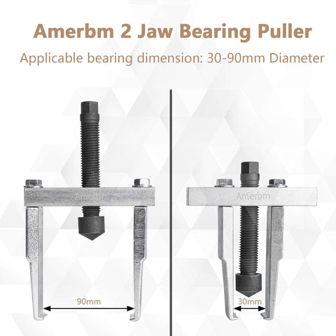 Two Jaw Bearing Puller Remover 30 To 90 Millimeter Adjustable Gear And Bearing Extractor front and side view with dimensions